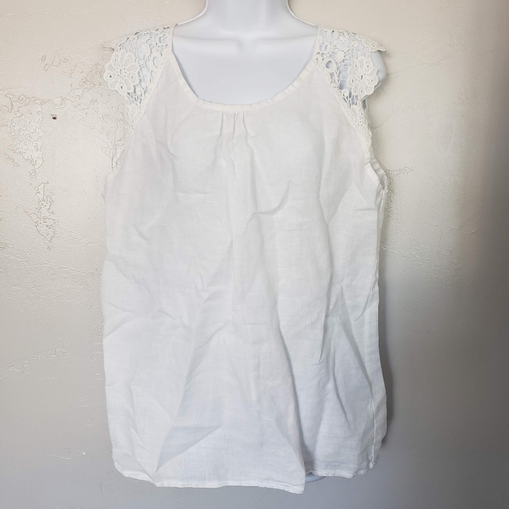 Michel Angelo 100% Linen White Short Sleeve Blouse Made in Italy Lightweight Top